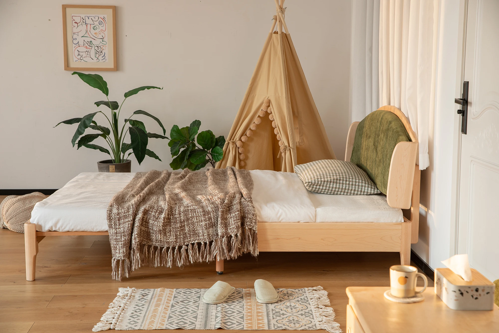 OKTOTA modern Nordic style kids bed with Guardrail solid wood folding single bed for baby