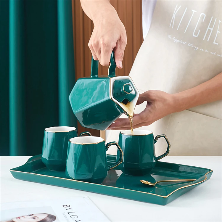 Home hotel restaurant use luxury gold rim afternoon tea pot tea cups set turkish green ceramic tea set