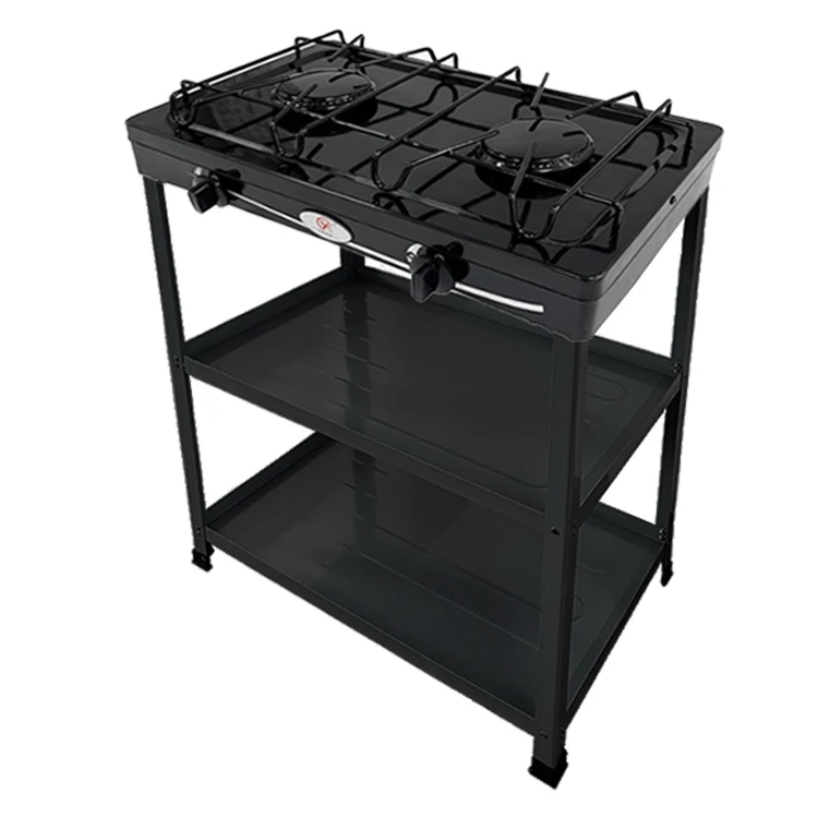 wholesale outdoor portable kitchen stove 2 burner gas cooker with cabinet shelves
