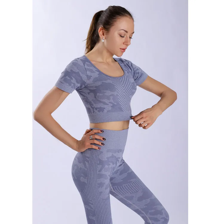 Seamless Sport Suit Women Fitness 2pcs Yoga Set Workout Clothes Gym Short Sleeve Crop Top High Waist Leggings Running Sportswear