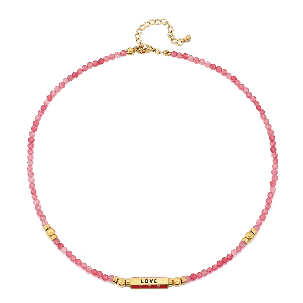 Stainless steel real gold plated LOVE pendant watermelon red natural stone bead necklaces for women new arrival 2024 women