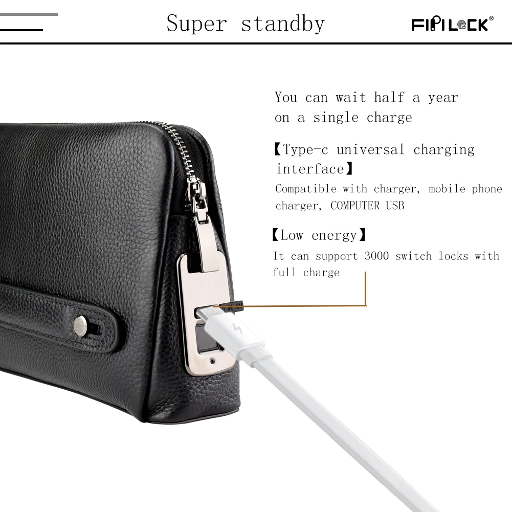 Fingerprint Lock Executive Business Handbag Men Genuine Leather Clutch Bag
