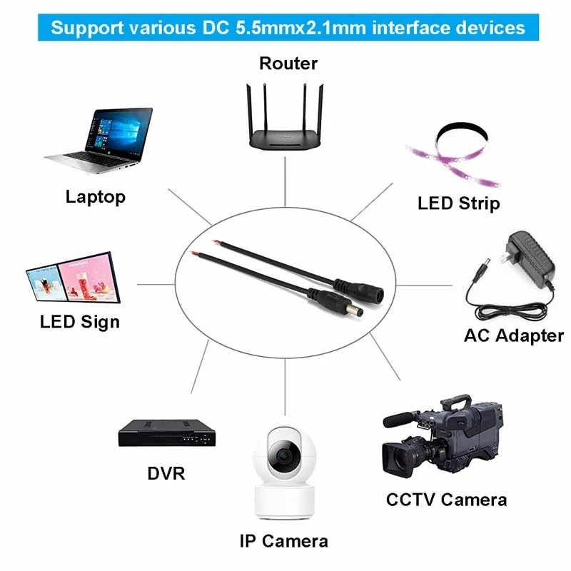 DC 12V Male Female Connector Cable 5.5mm2.1mm Power Plug Wire 2PIN Pigtail Connect Cord For LED Strip Light CCTV Camera Router