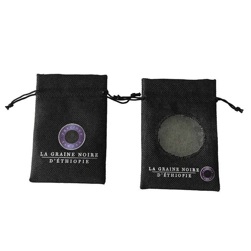 Customized Design and Logo Drawstring Jute Seeds bag with Clear PVC window