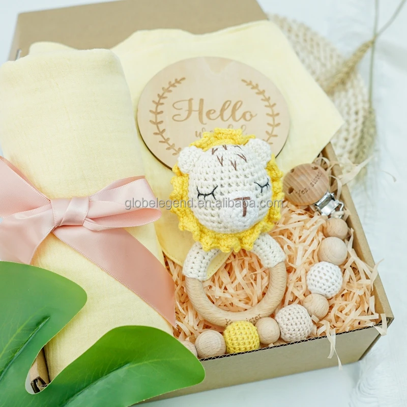 crochet Shower Gift Sets giraffe teether Baby Beech Teether Wooden Animal Rings Chew Toy Gift Sets