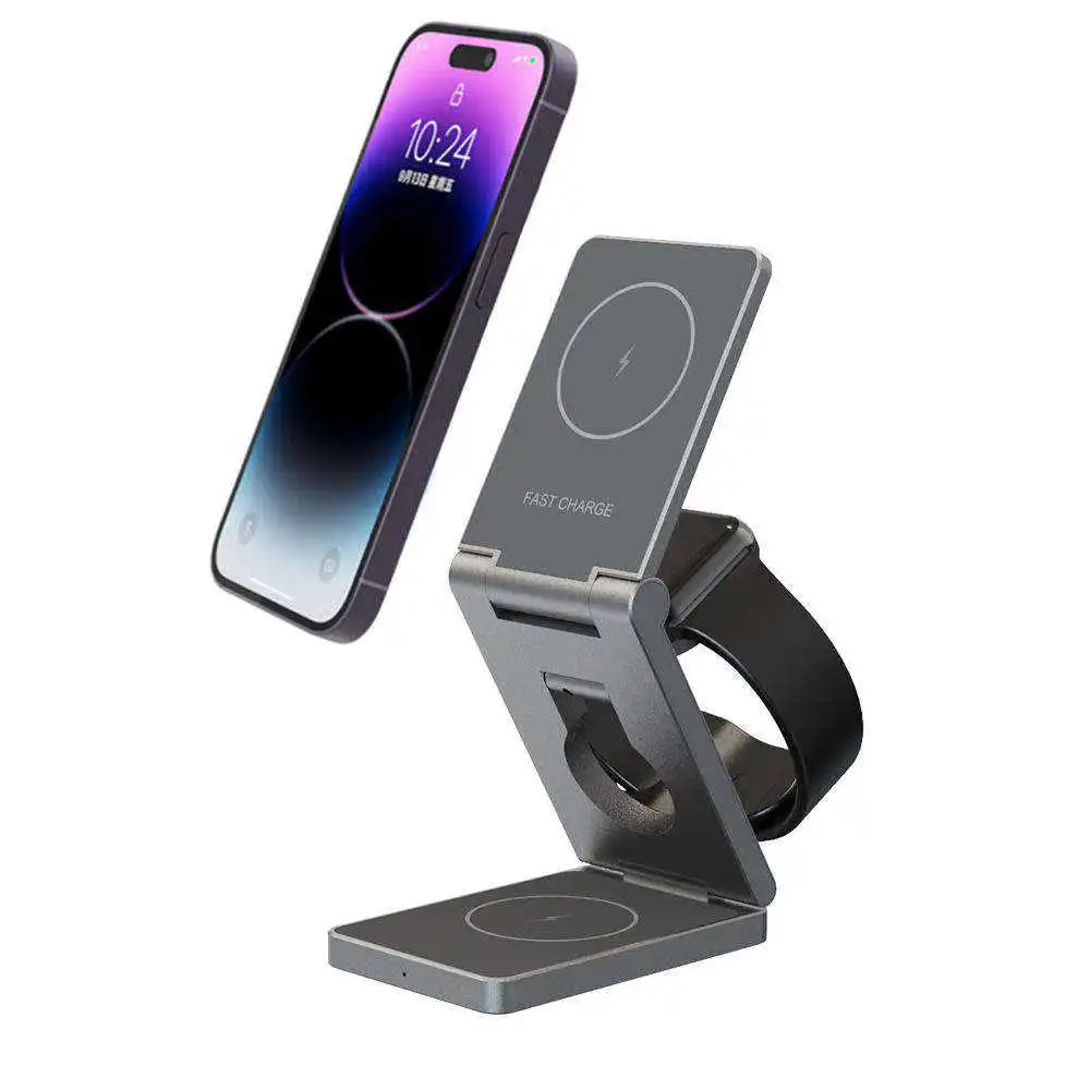 Guangdong Factory Custom High Quality Foldable Aluminium Alloy Metal Qi 15W 3 In 1 Magnetic Wireless Charging Holder