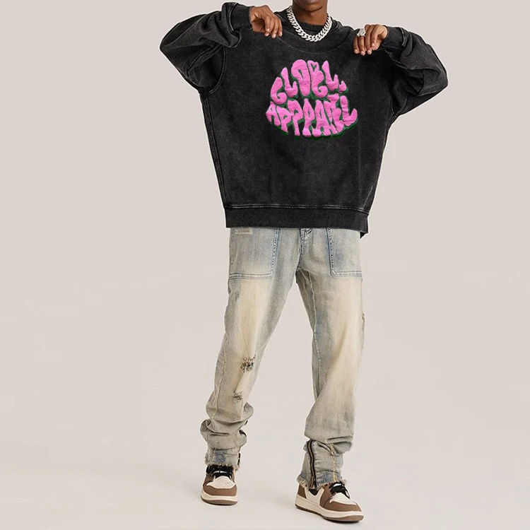 Custom crewneck sweatshirts heavy weight 100 cotton french terry oversized acid washed hoodie brown gray washed hoodie