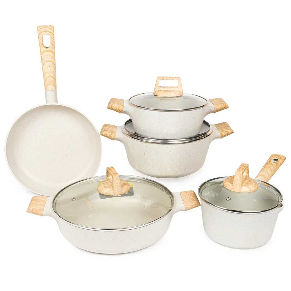 Custom good quality 9pcs cream cookware set nonstick induction bakelite handle