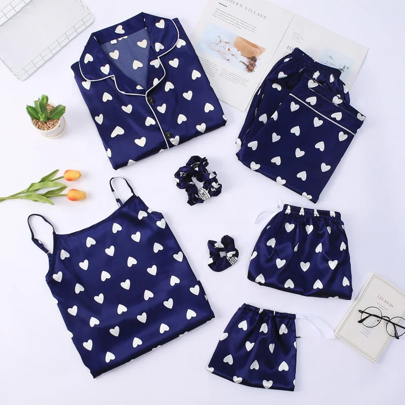 New Arrival Ladies Ice Silk Pajamas Spring, Autumn and Summer Long-sleeved Seven-piece Simulation Silk Sexy Home Service Suit