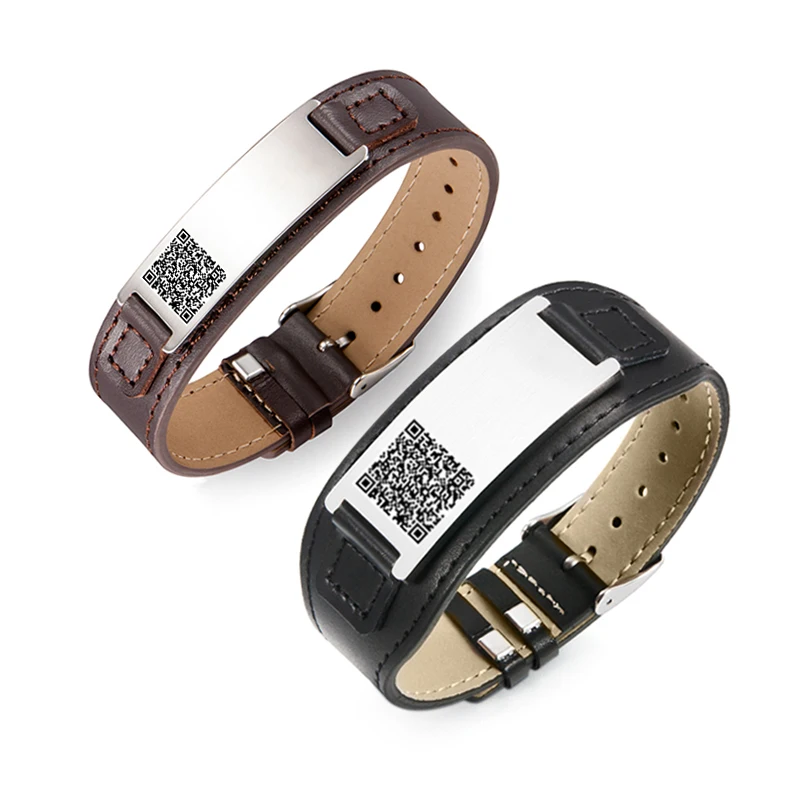 Personalized QR Code Stainless Steel Genuine Leather Bracelet for Men Women Silicone Sport Wrist Band with Qr Code