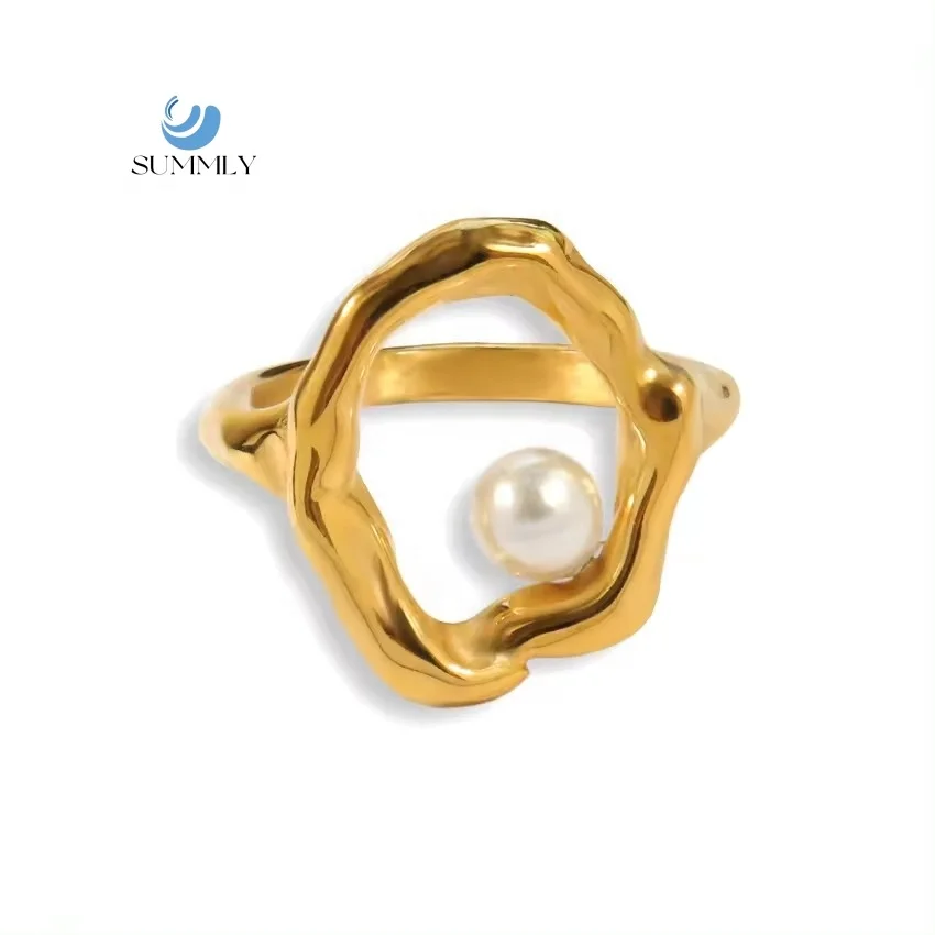 SUMMLY waterproof pearl 18K gold plated stainless steel women wedding fashion jewelry rings