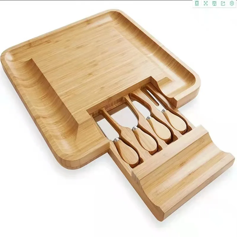 Creative Finishing Bamboo Cutting Board Field Camping Portable Drawer Cheese Board Set with Knife Wooden Bread Pizza Board