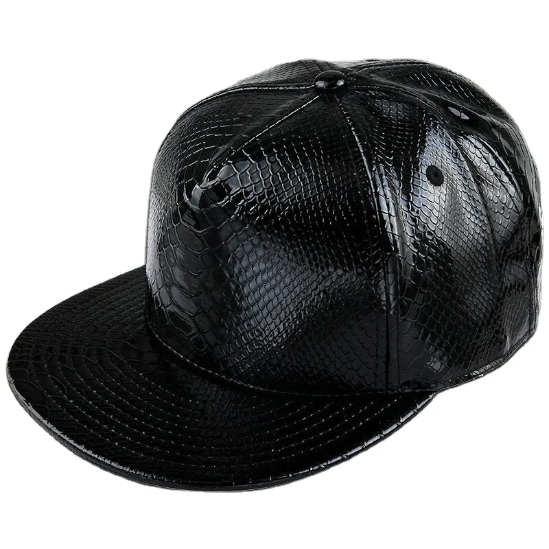 Wholesale Baseball Cap Black 100% Polyester Snake Pattern Glossy Leather Fashionable Rebound Cap