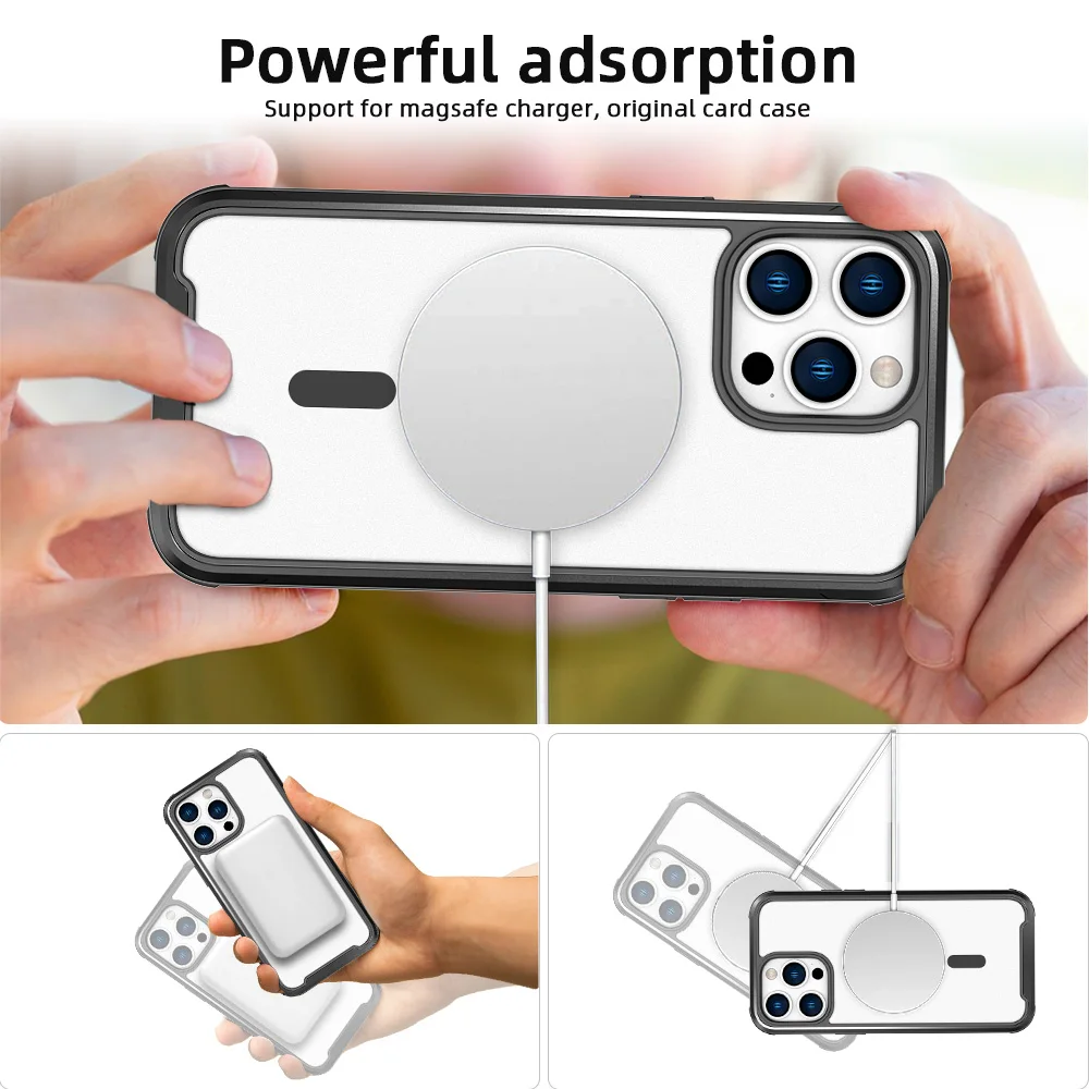 Wholesale For iPhone 13 14 Pro Max Luxury Wireless Charging Magnetic Back Cover Black Aluminum Frame Protective Phone Case
