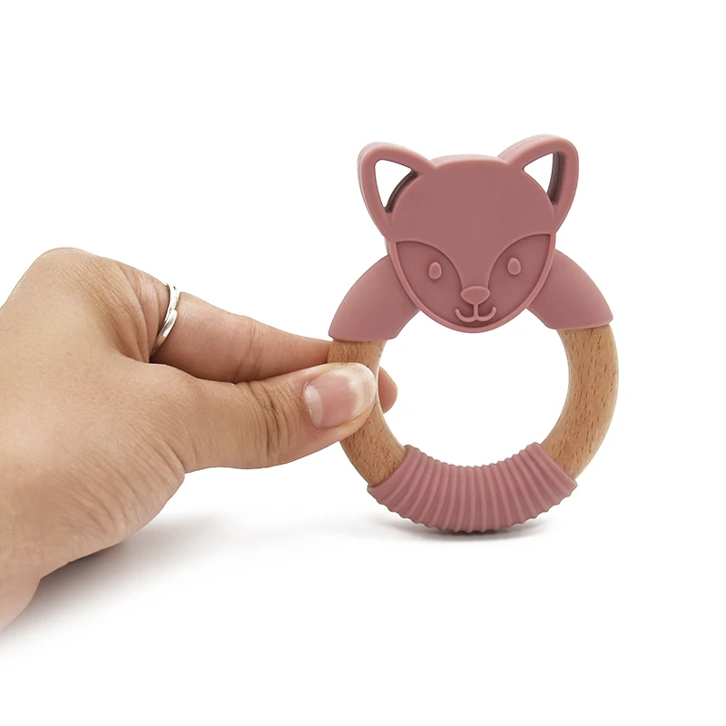 Wooden fox baby teether organic animal shape beech wood silicone teethers bpa free food grade silicon teething sensory toys