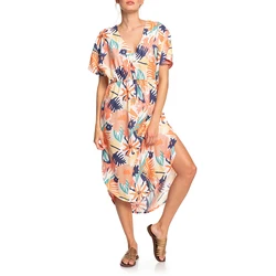 New Arrival Summer V Neck Short Sleeves Tropical Print High Waist Rayon Midi Long Dress For Women