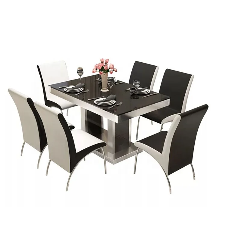 modern top high gloss 6 seater dinning room glass dining table with 6 chairs set
