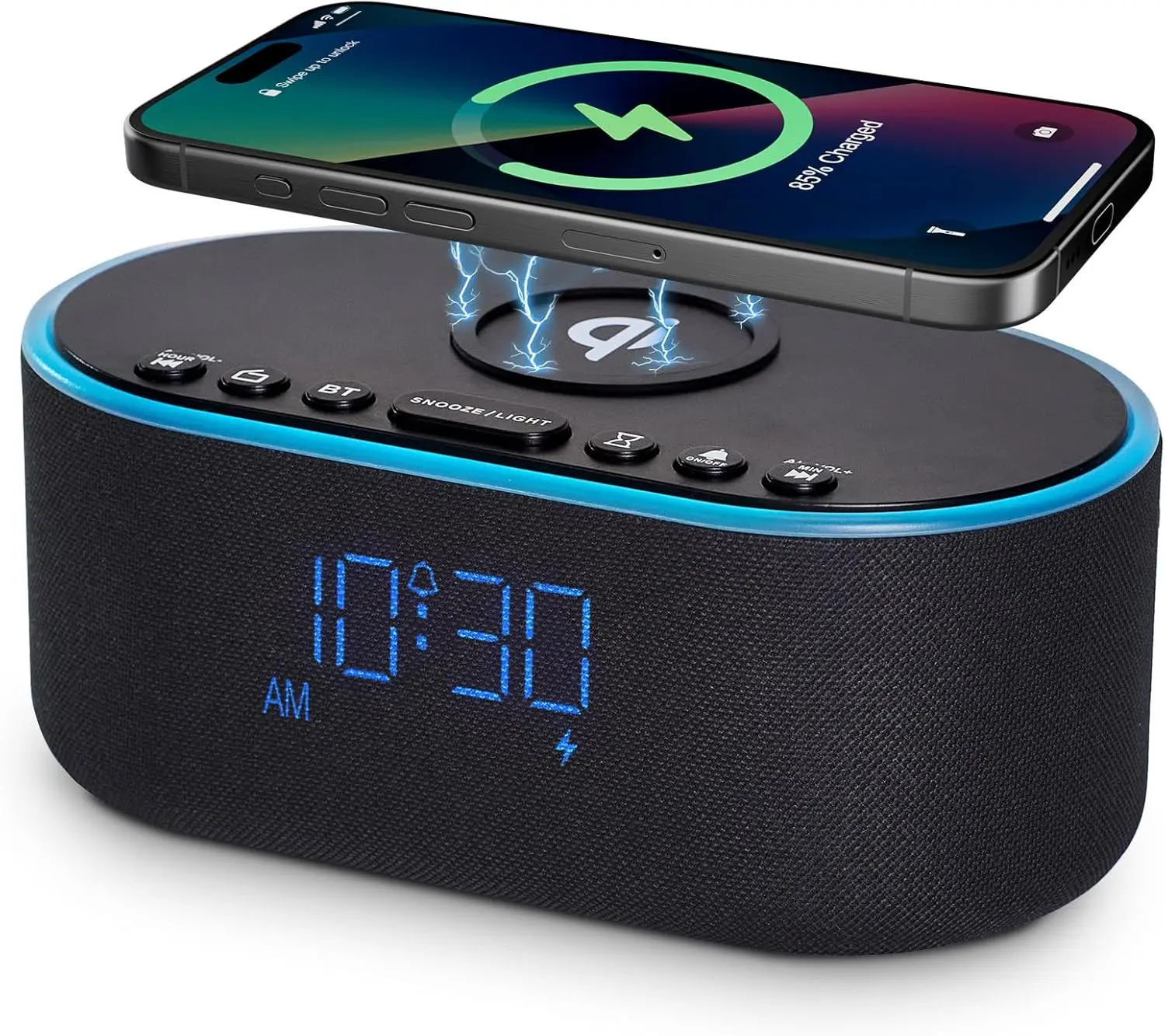 Wireless Charging Alarm Clock Radio Stereo Bluetooth Speaker  Dimmable Digital Clock with FM Radio for Bedroom