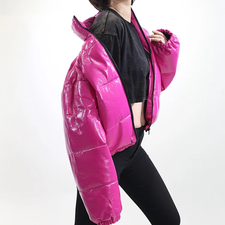 Зимняя одежда 2021, женский укороченный пуховик из светоотражающей ткани с воротником-стойкой, пуховик для дам