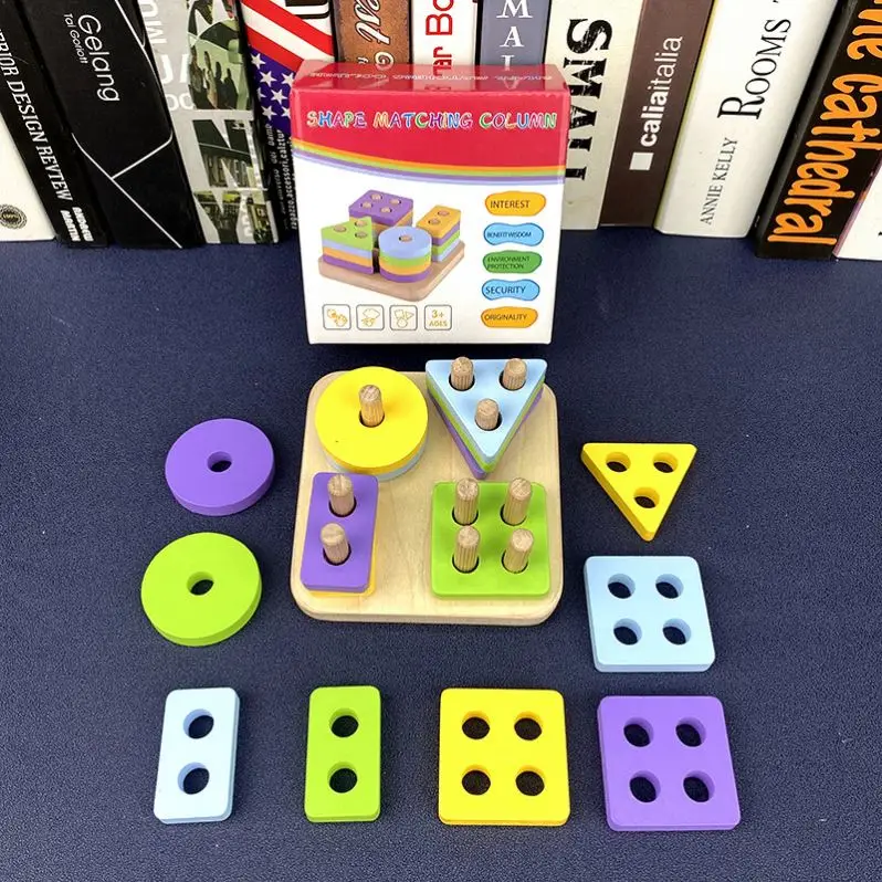 Factory Price Toddler Wooden Blocks Toy Geometric Shape Matching Column Kids Wooden Montessori Educational Toy