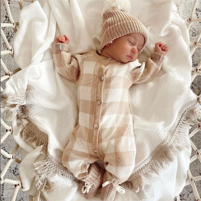 Winter Newborn  100% Cotton Infant Gingham Knitted Sweater Long Sleeve Pajama High Quality Baby Clothing Easy Diaper Change
