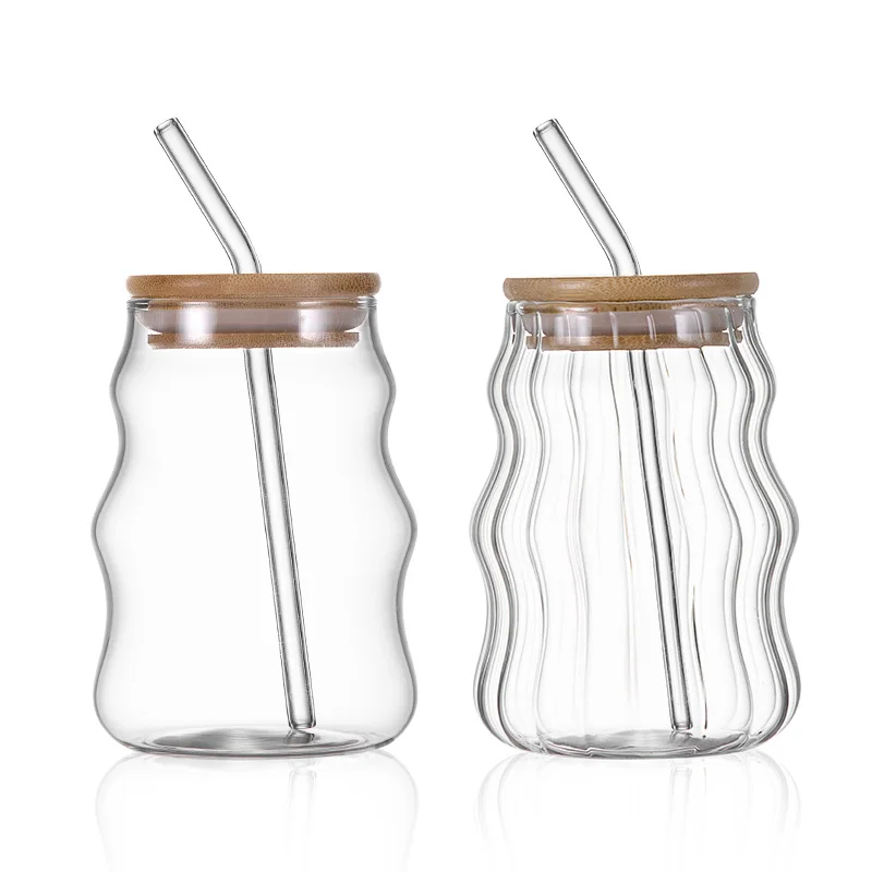 Ribbed Glasses Clear Boba Tumbler Insulated Double Mug Sublimation Cappuccino Coffee Glass Cups With Bamboo Lid and Straw