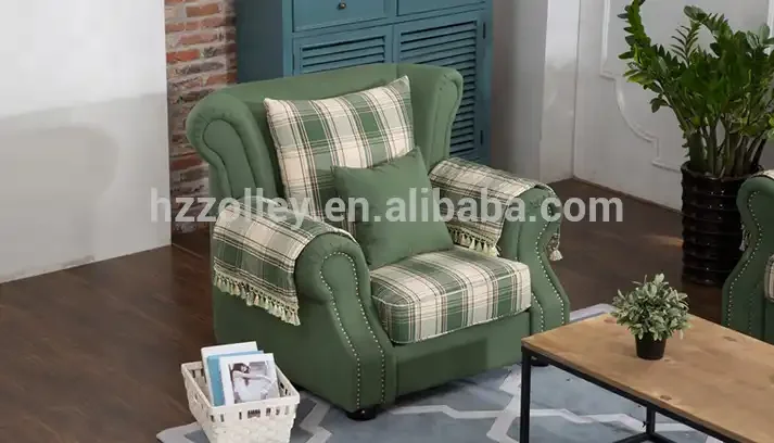 American Style Fabric Living Room Sofa 1+2+3 Seaters Green Plaid Sofa Set