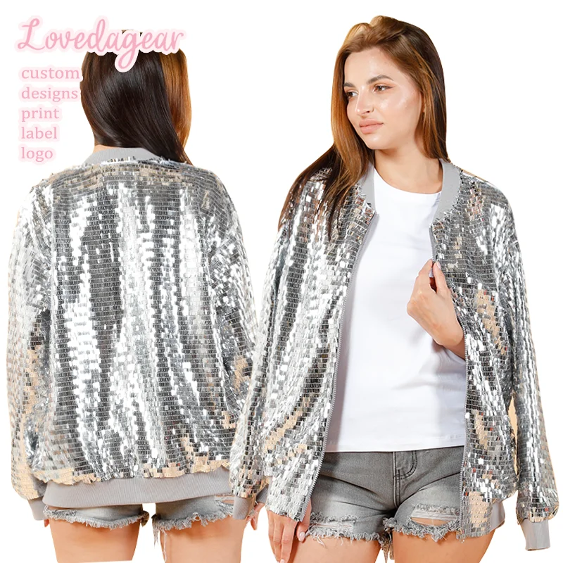 Lovedagear Custom Fall Women Bomber Disco Shiny Glitter Sparkling Embroidery Sequins Bf Style Loose Jacket