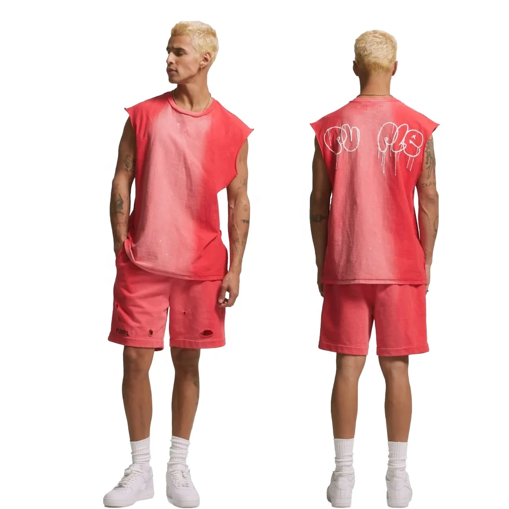 KY Custom clothing Summer 2 Piece Short Set For Men Sleeveless T-shirt Acid Wash Screen Print