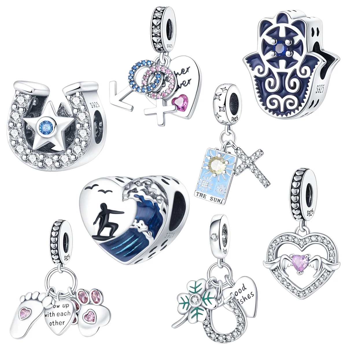 New 925 Sterling silver Blue Palm Cross Love Angel Surfing Pendant DIY Beads Fit Original Brand Charms Bracelet Women Jewelry