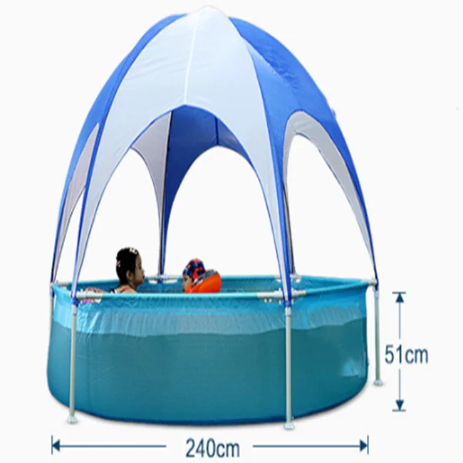 Family garden swimming pool with sunshade umbrella, foldable inflatable family tent pool