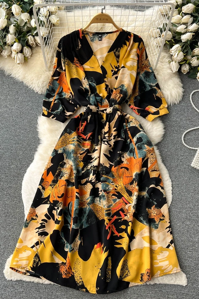Summer Full Sleeve V-neck Floral Chiffon Casual Dress Women High Waist Midi A-Line Dress Ladies Retro Dresses Clothes Women