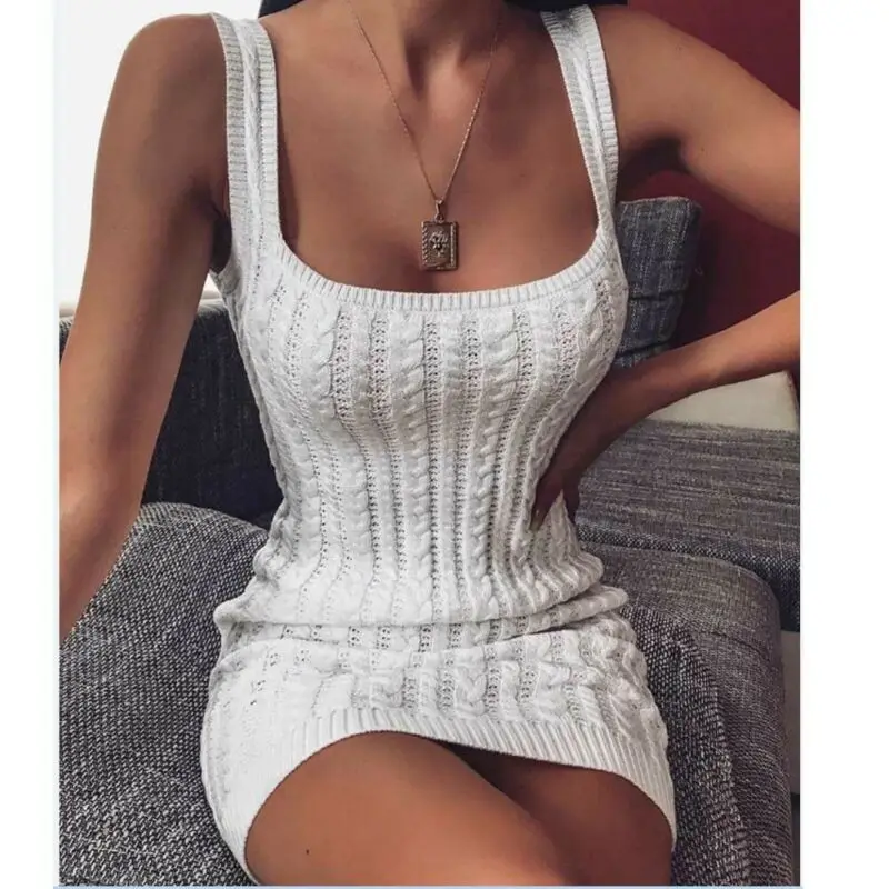 Women Bodycon Knit Sleeveless Slim Solid Color Elegant Short Mini Dress Evening Party Gown Sundress
