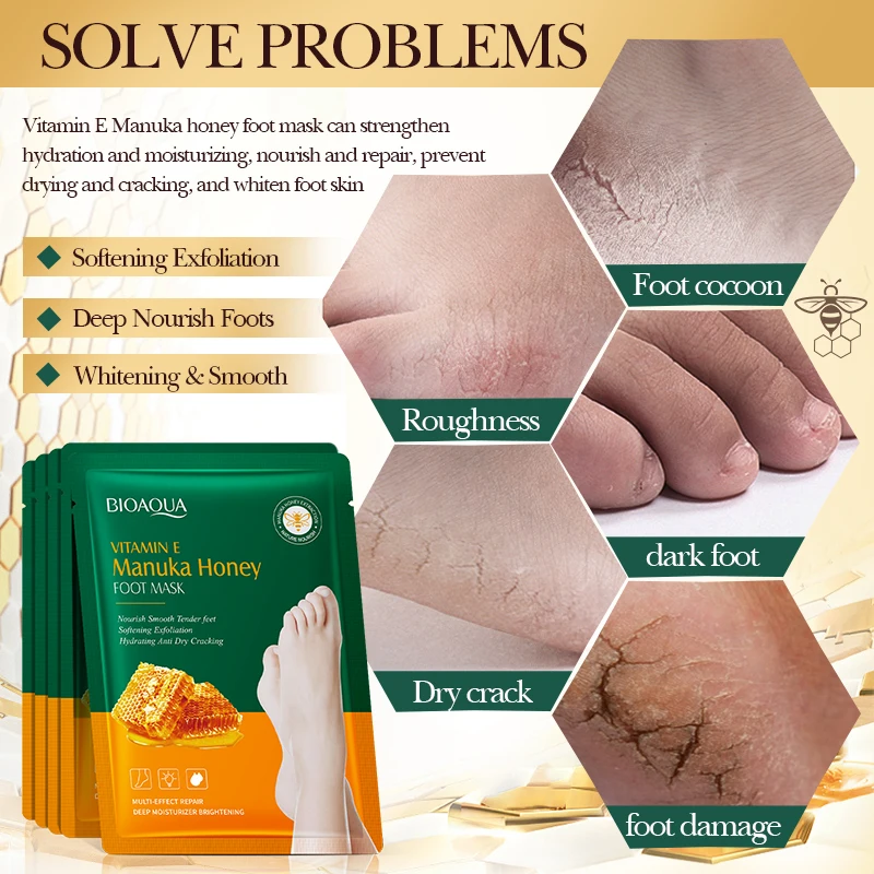 BIOAQUA Organic Vitamin E Manuka Honey Nourishing Foot Mask Beauty Products Skin Care Moisturizing Peeling Foot Masking Gloves