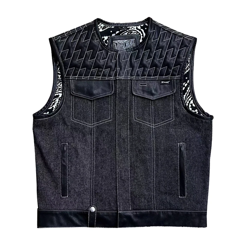 METAL HEARTDS motorcycle riding vest west coast denim and leather retro vest American lightning lattice