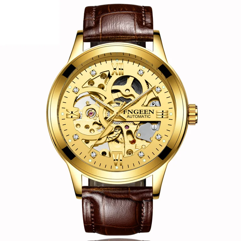 6018 Top-level double-sided hollow gold inlaid diamond luminous fngeen watch automatic mechanical watch men unique charm