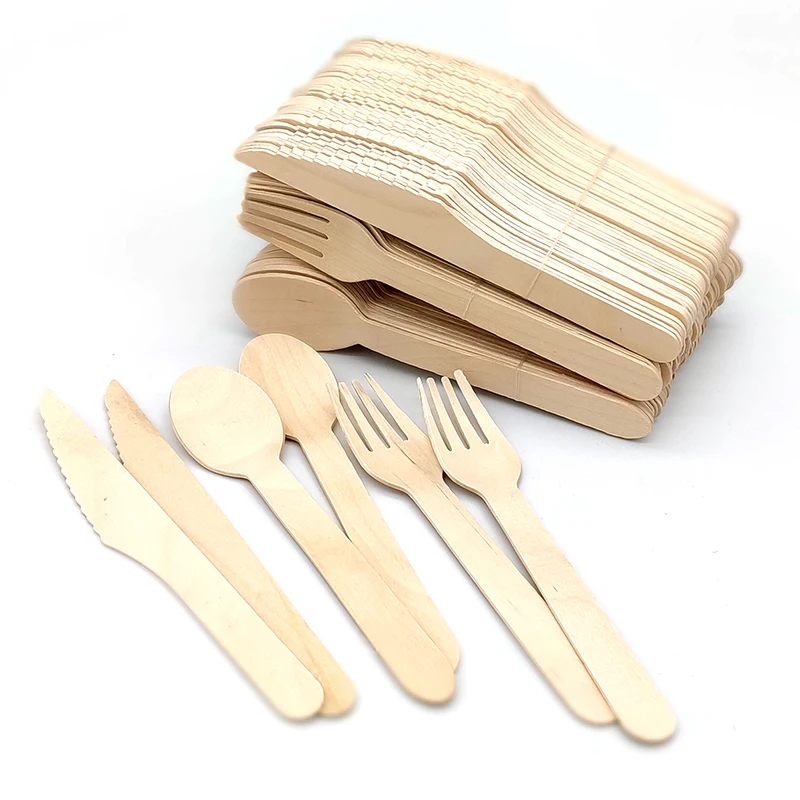 50pcs/150pcs Disposable Wooden Cutlery Forks/Spoons/Cutlers Knives Party Supplies Kitchen Utensil Dessert Tableware Packing 16cm