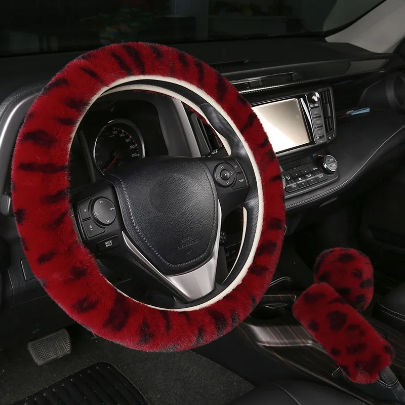 Wholesale winter wool steering wheel cover car fur leather leopard printed steering wheel cover