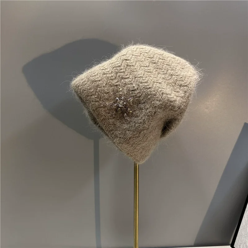 Diamond Flower Rabbit Hair Fashion Double Layer Thickened Knitted Hat Warm Wool Beanie
