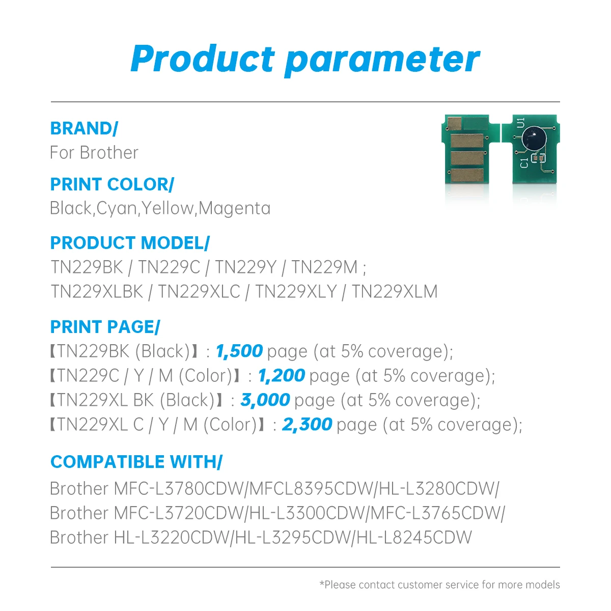 TN229XLK TN229XLC TN229XLM TN229XLY Compatible Cartridge Chip for HL-L3220CDW HL-L3240CDW HL-L3280CDW Color Toner Chip