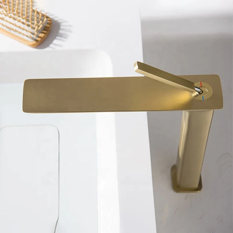 Modern Gold Brass Hot and Cold Water Mixer Taps square Tall Bathroom Basin Faucet
