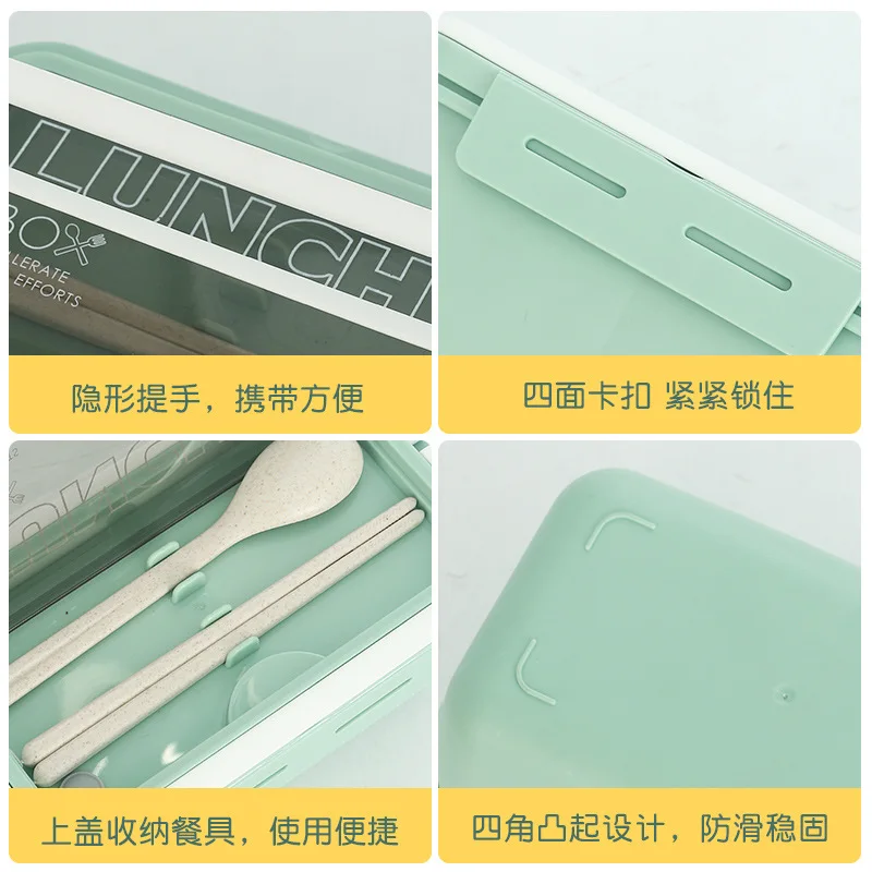 Outdoor portable large-capacity compartment student bento box with cutlery work single-layer lunch box can be microwave oven