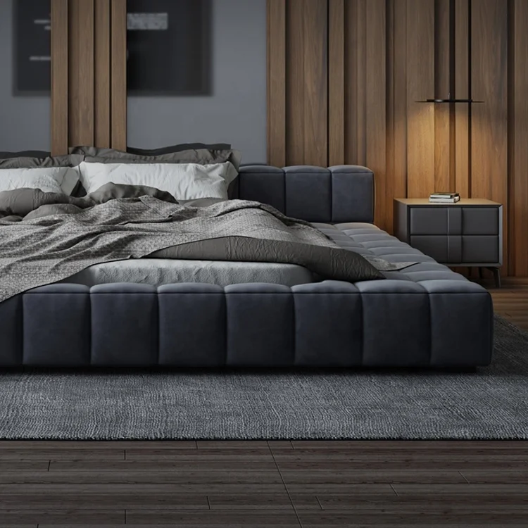 Коллекция серый современный стиль Вельветовая мягкая кровать с пуговицами рифленый изголовье Королевский размер