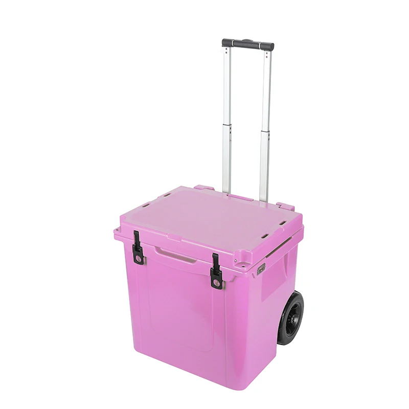 Wholesale high quality wheeled rotomolded hard cooler box customized plastic beach cooler