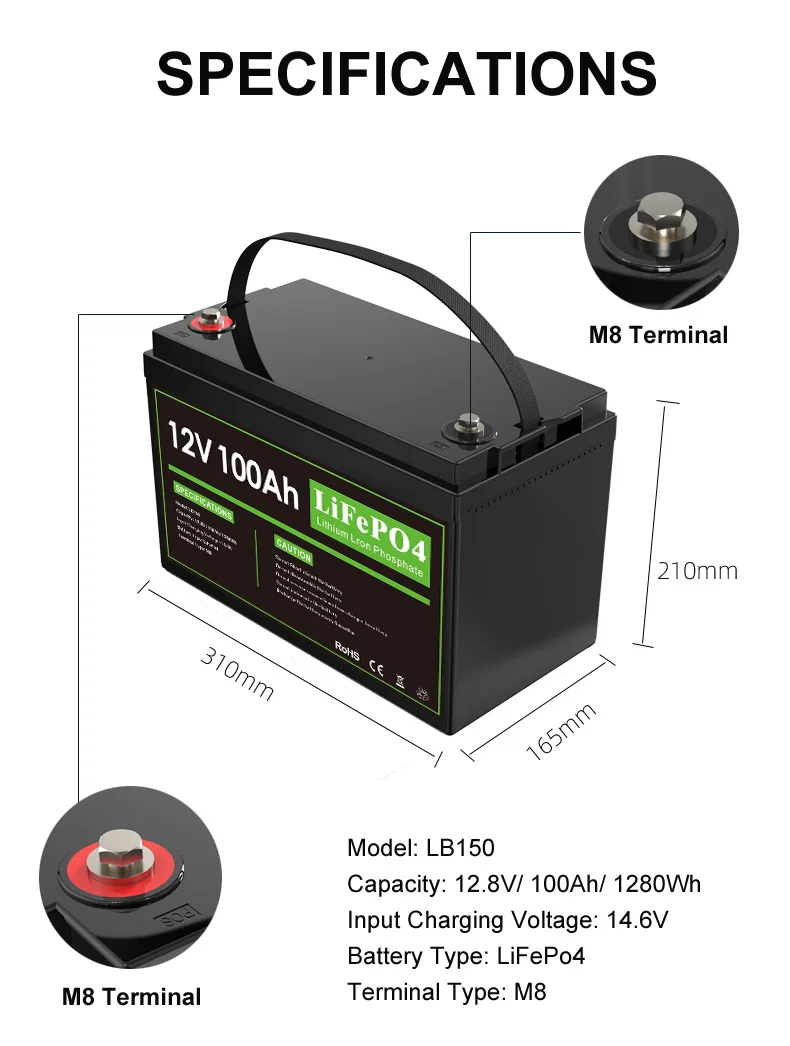 Lifepo4 Lithium Ion Battery Long Cycle Life Recharge 12V 100Ah 14.8V For Boat Golf Cart/Cars/RV/Power Tools/Electric Drills
