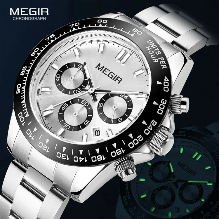 MEGIR Men Stainless Steel Strap Watch Top Brand Luxury Sports Quartz Watches Waterproof Chronograph Wristwatch 8104