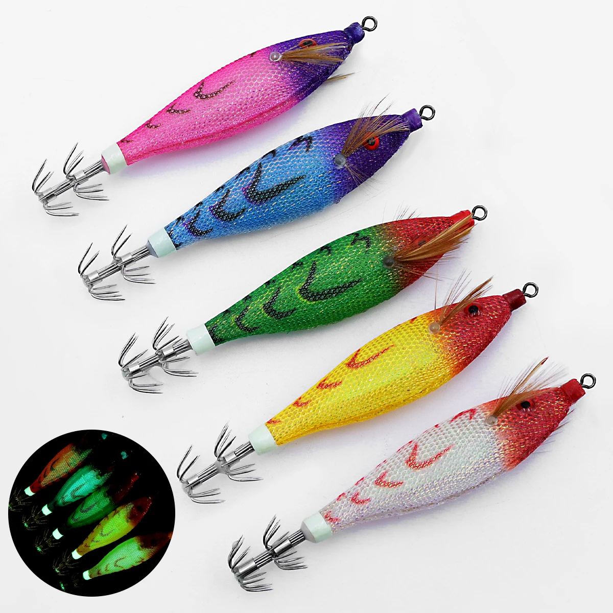 10Cm Luminous UV EGI Squid Jig Lures Wood Shrimp Plastic Baits BKK Umbrella Hook For Sea Fishing