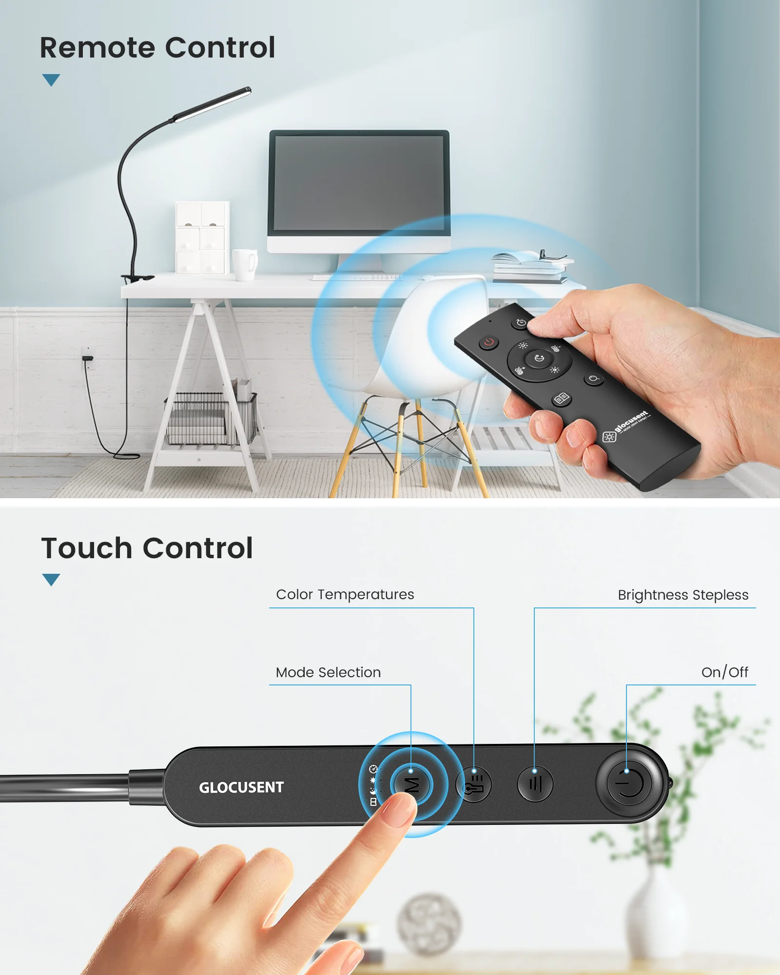 Glocusent 2023 New Design ODM/OEM Remote/Touch Control Read Light Bedside 38 LEDS Color Adjustable Book Light for desk