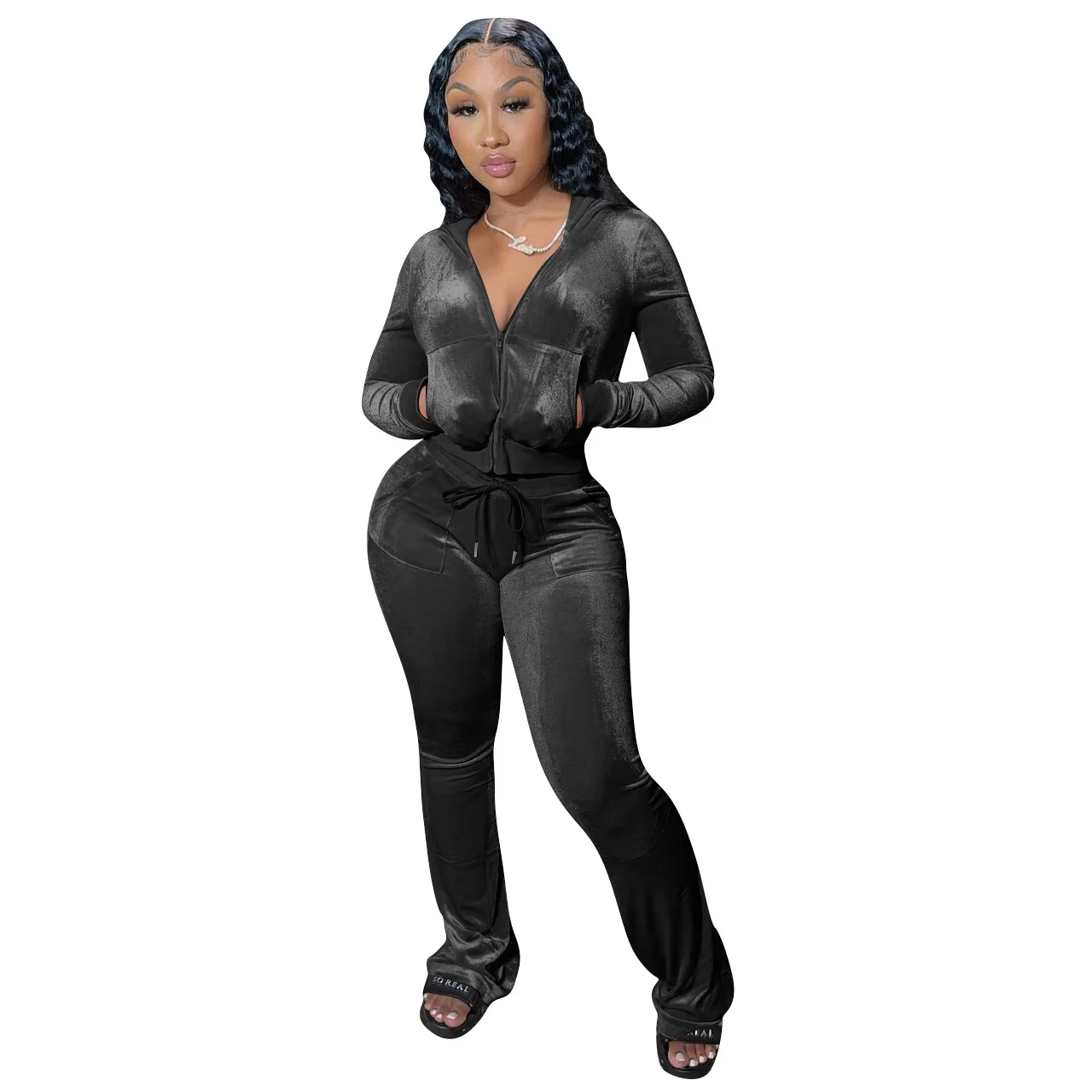 Women sweatpants and hoodie set of two piece pocket flared pants low cut long sleeved velvet track suit hoodie and jogging set