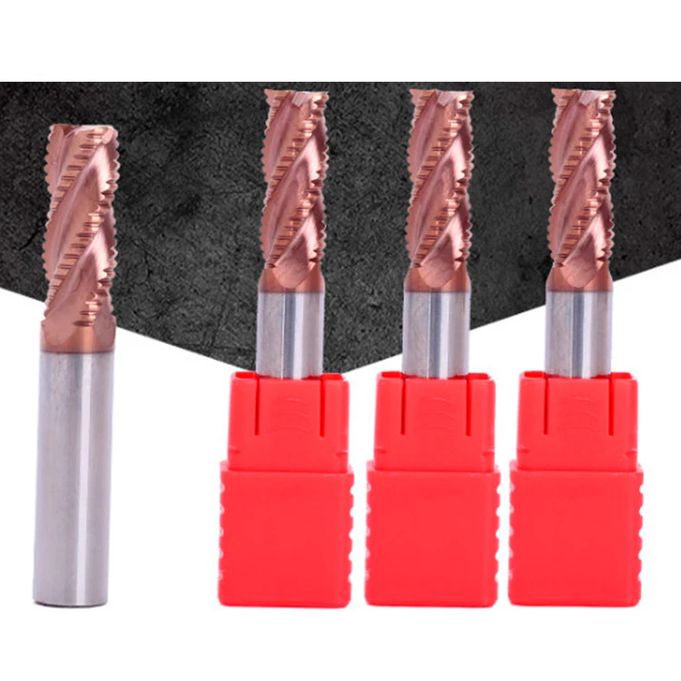 Tungsten carbide rouging end mill for steel and aluminum with coarse skin cutter